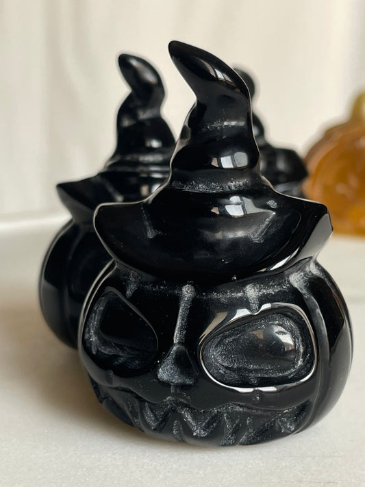 Black Obsidian Halloween Pumpkin Heads With Hat