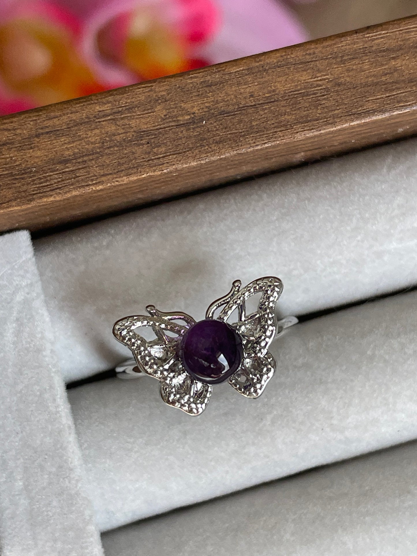 Amethyst Butterfly Ring - Adjustable