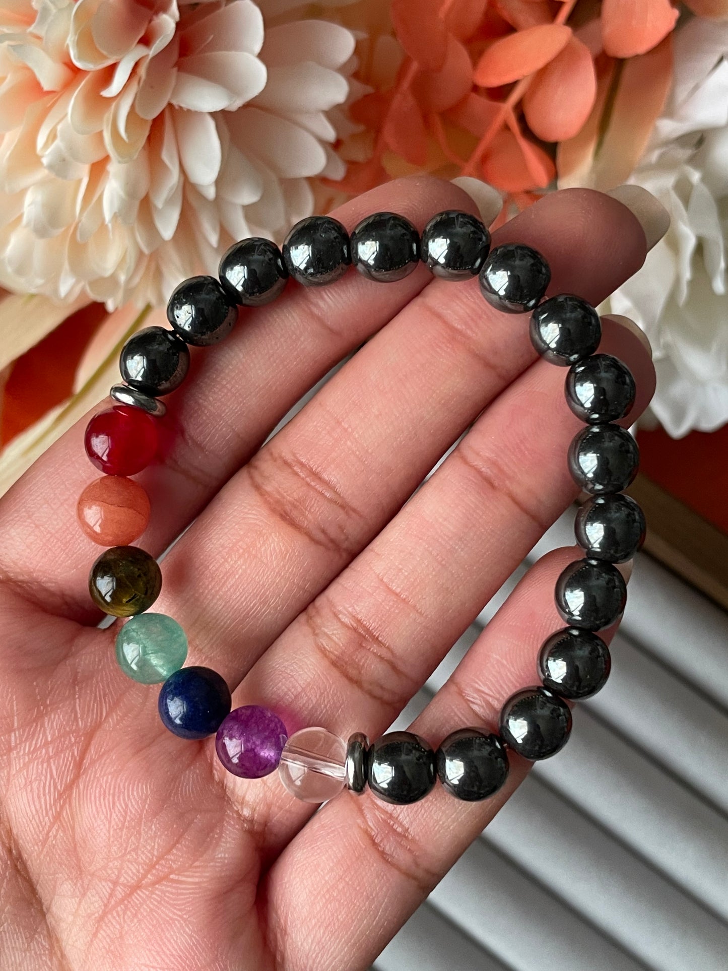 7 Chakra Hematite Stone Bracelet | 8mm | اساور الشاكرات