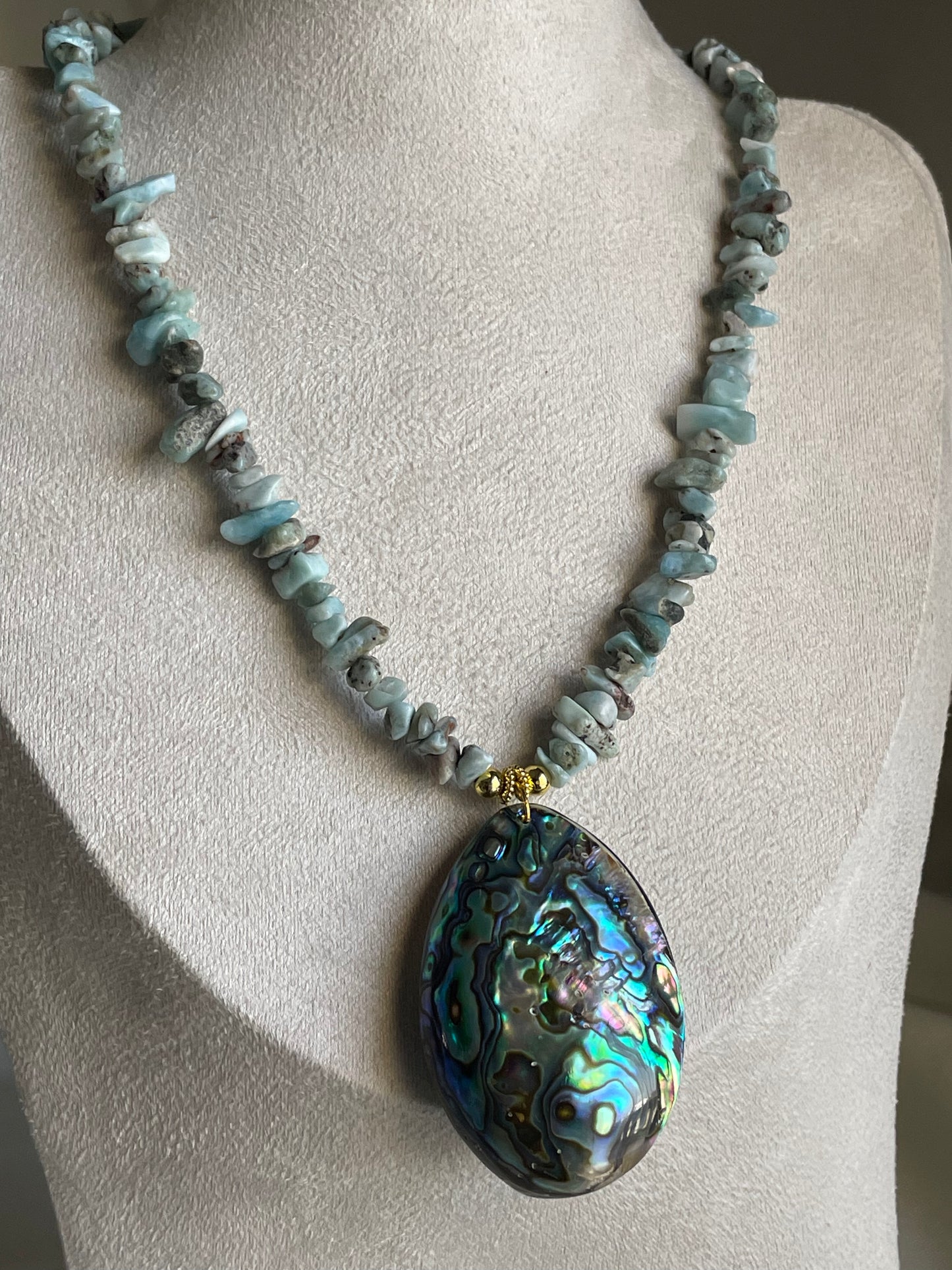 Large Abalone Shell with Larimar chip necklace