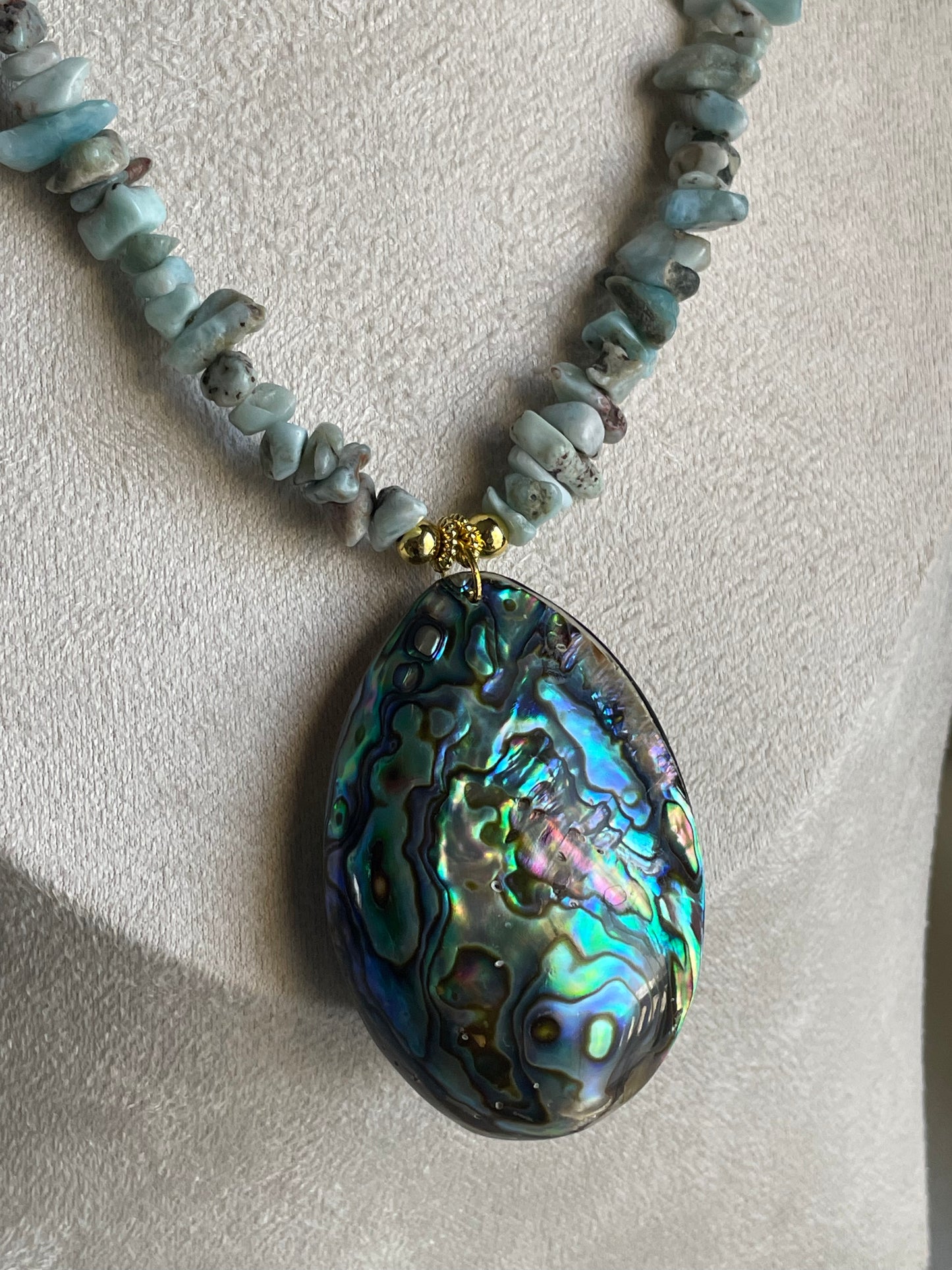 Large Abalone Shell with Larimar chip necklace
