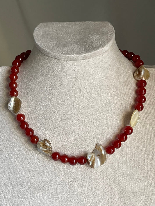 Mother of Pearl Shell with Red Carnelian Beaded Necklace