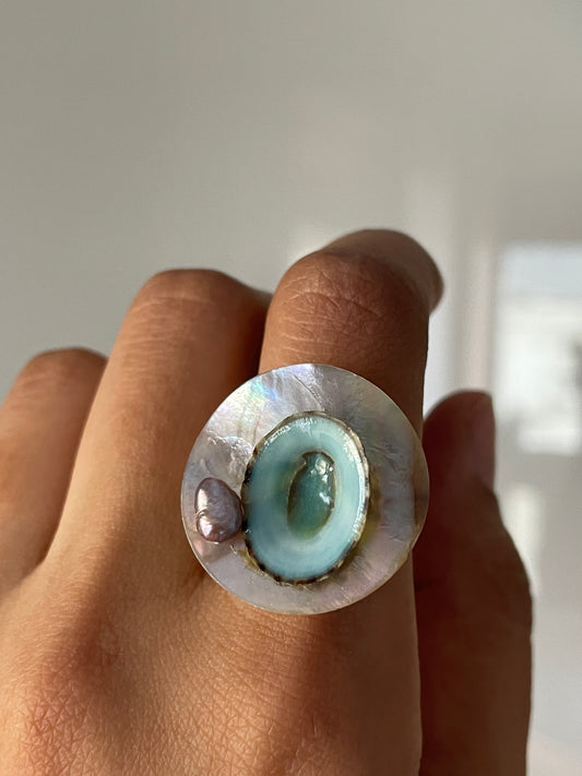 Opalescent Shell With Natural Blue shell Ring