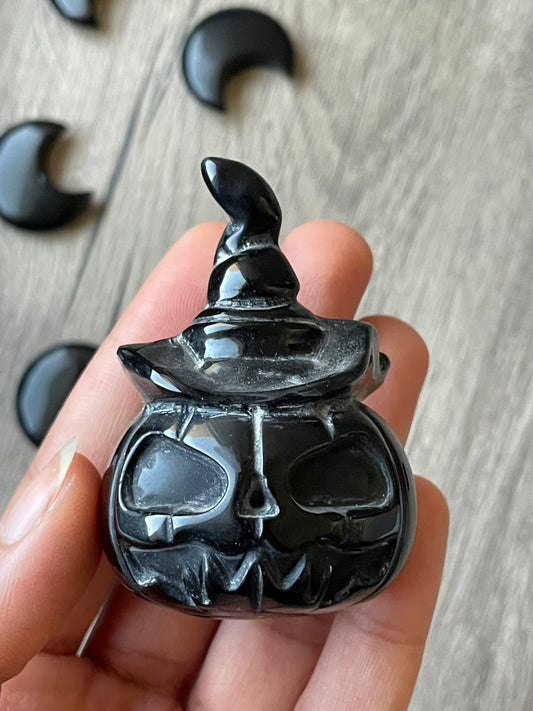 Black Obsidian Halloween Pumpkin Heads With Hat