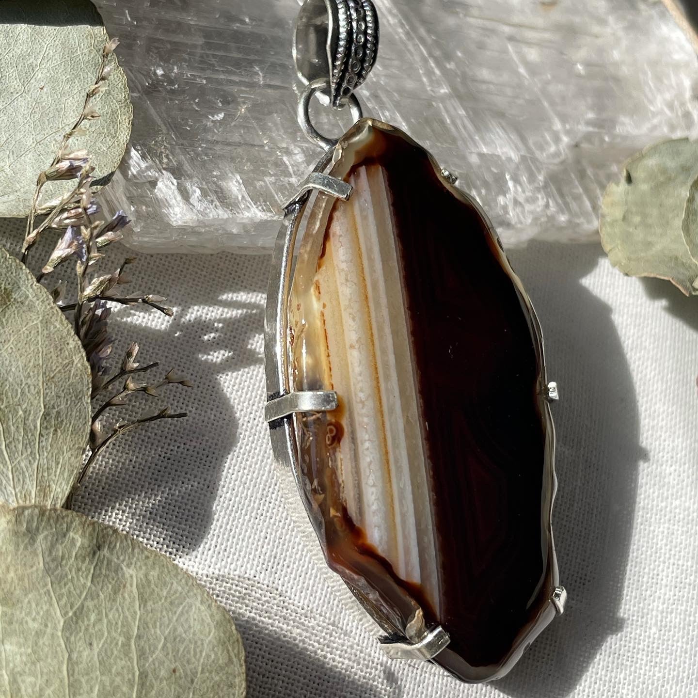 Large Natural Brown Agate Pendant Sterling silver 925 عقيق بني طبيعي فضة إسترليني
