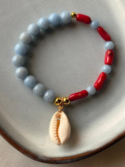 Red Coral & Blue Angelite with Sea Shell Bracelet