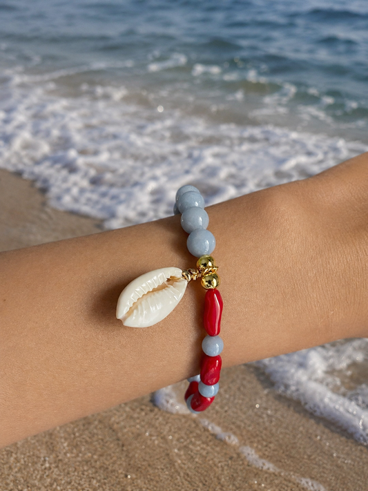 Red Coral & Blue Angelite with Sea Shell Bracelet