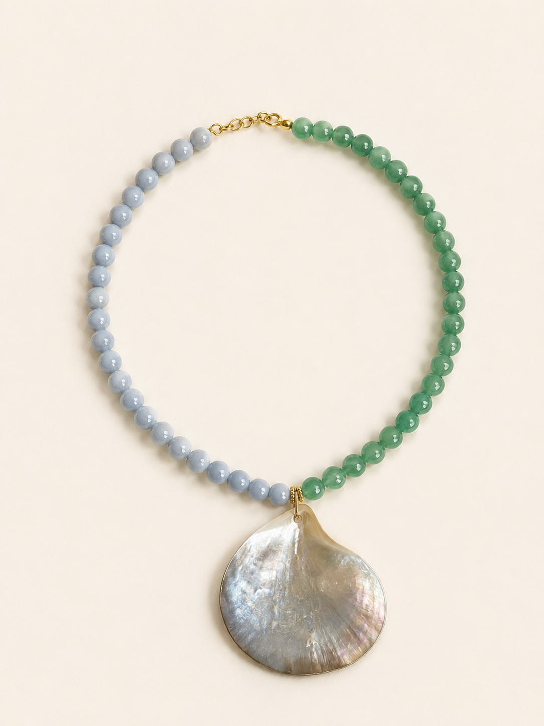 Mother of Pearl Shell with Green aventurine & Blue Angelite Beaded Necklace