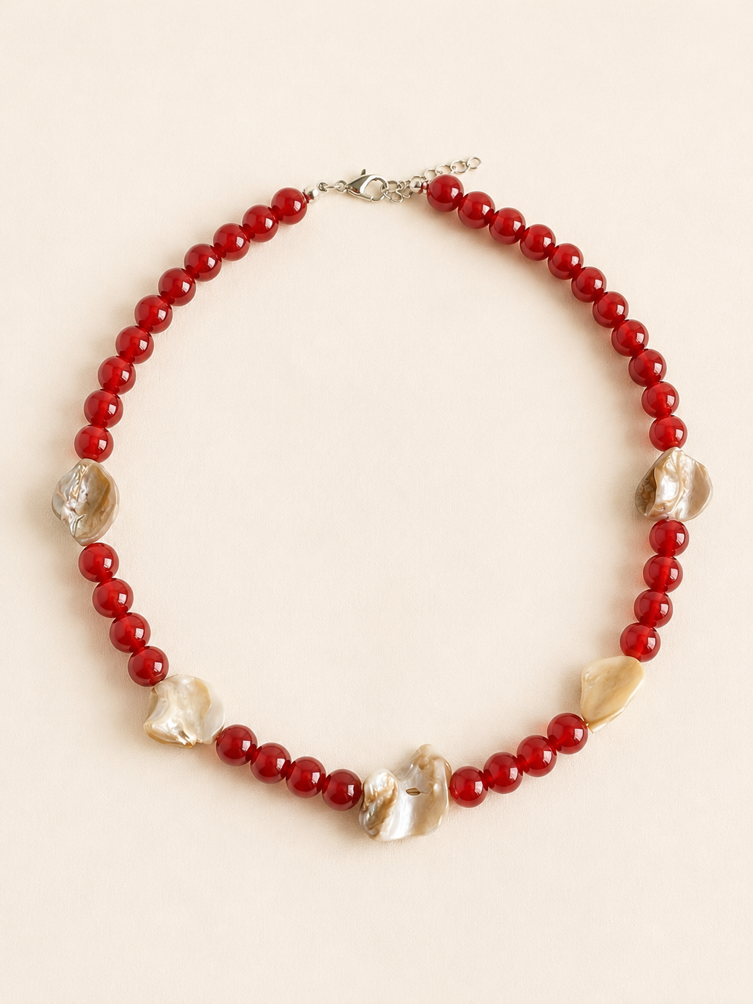 Mother of Pearl Shell with Red Carnelian Beaded Necklace