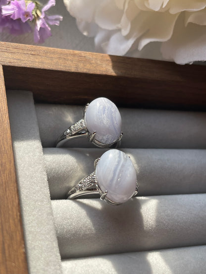 S925 Blue Lace Agate | Adjustable  | عقيق الدانتيل الازرق