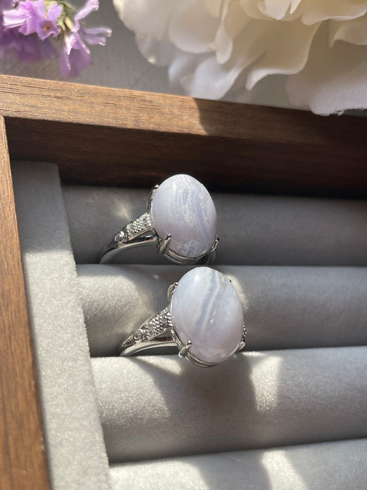 S925 Blue Lace Agate | Adjustable  | عقيق الدانتيل الازرق