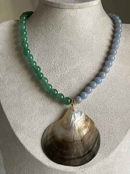 Mother of Pearl Shell with Green aventurine & Blue Angelite Beaded Necklace