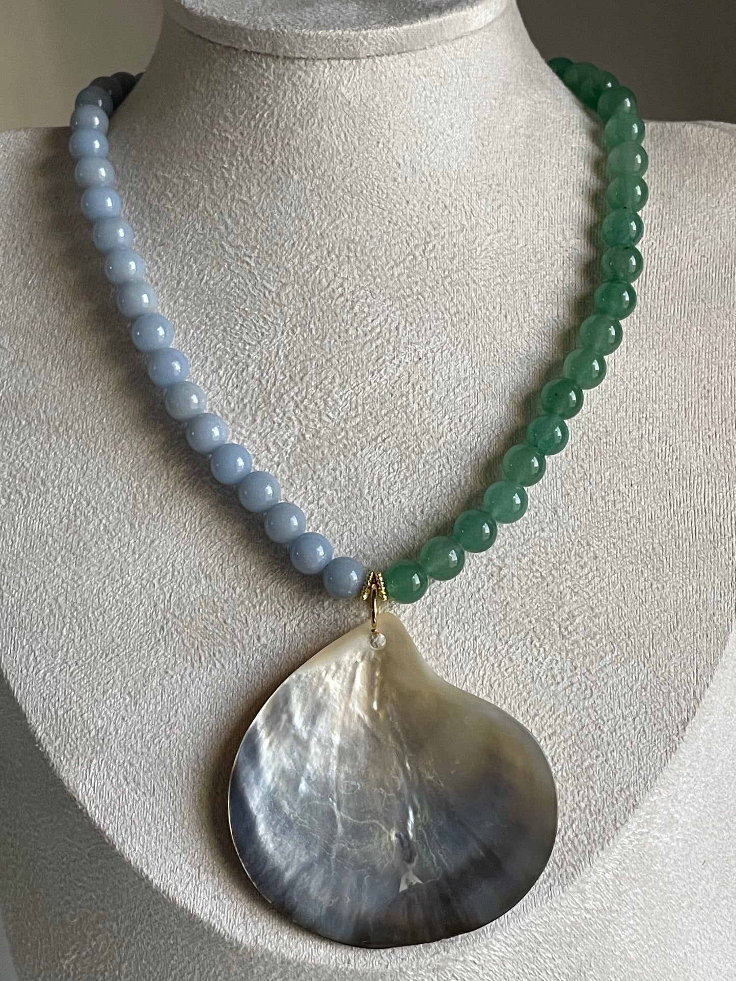 Mother of Pearl Shell with Green aventurine & Blue Angelite Beaded Necklace