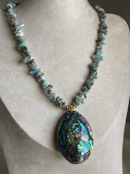 Large Abalone Shell with Larimar chip necklace