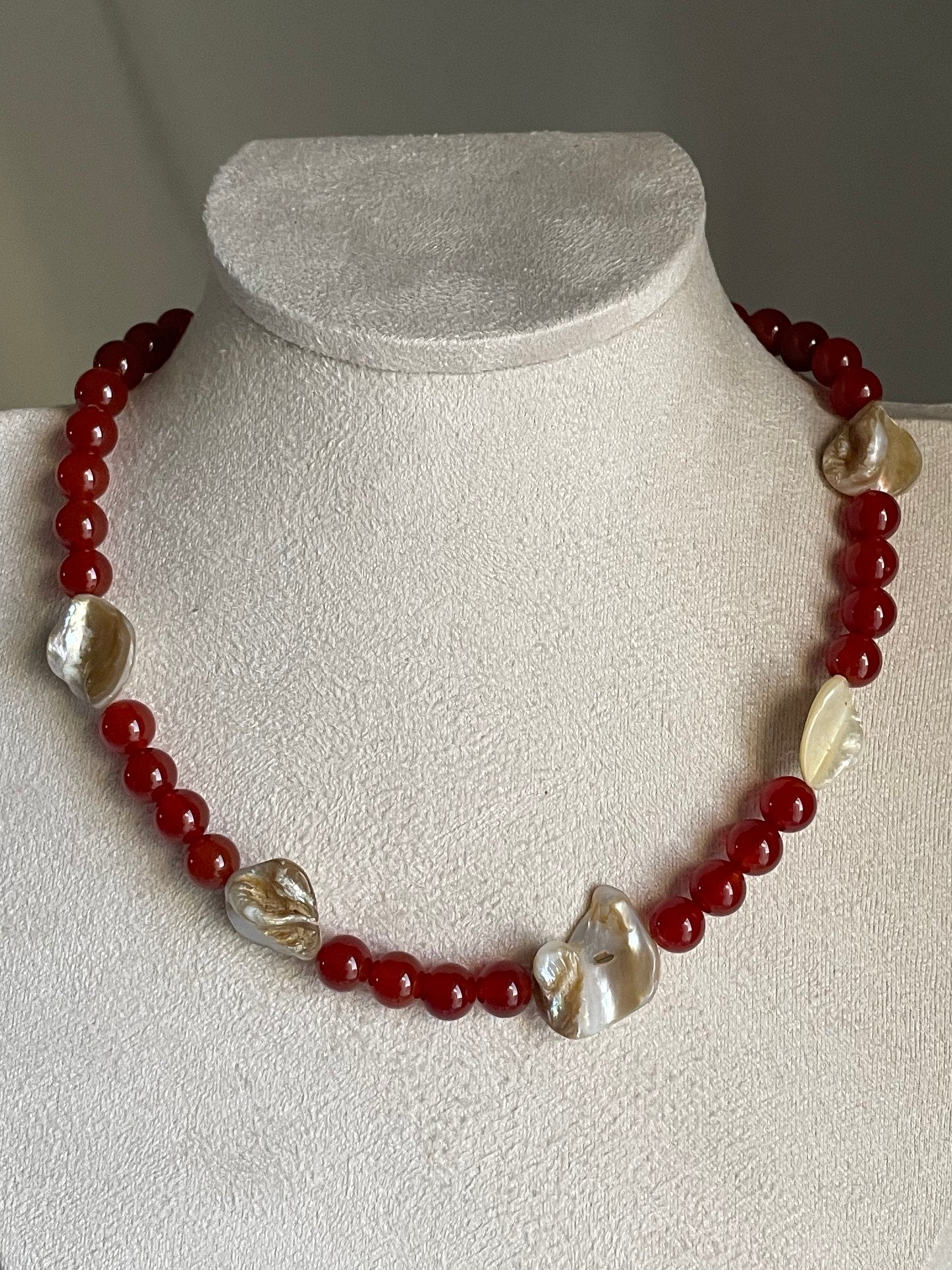 Mother of Pearl Shell with Red Carnelian Beaded Necklace