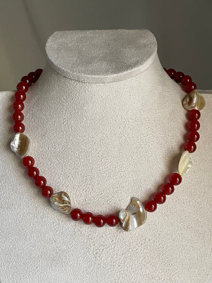 Mother of Pearl Shell with Red Carnelian Beaded Necklace