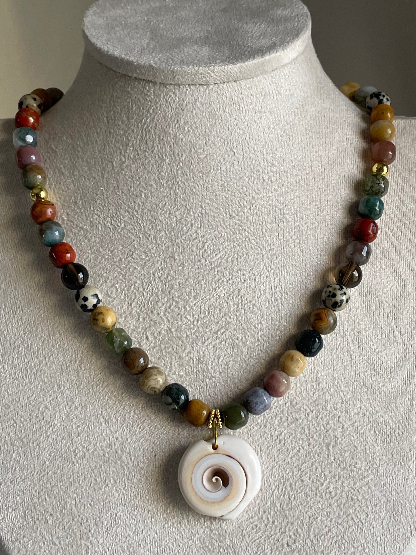 Spiral Seashell & Mixed Beaded Necklace