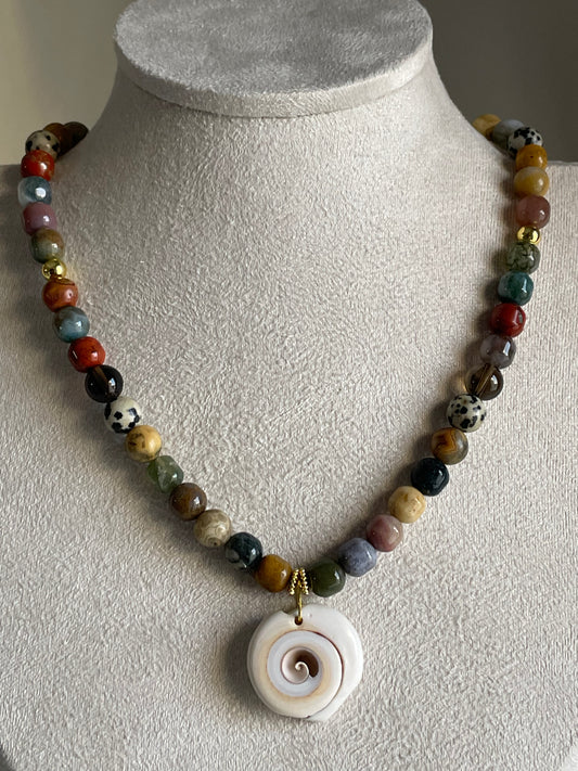 Spiral Seashell & Mixed Beaded Necklace