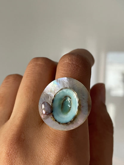 Opalescent Shell With Natural Blue shell Ring