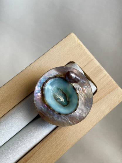 Opalescent Shell With Natural Blue shell Ring