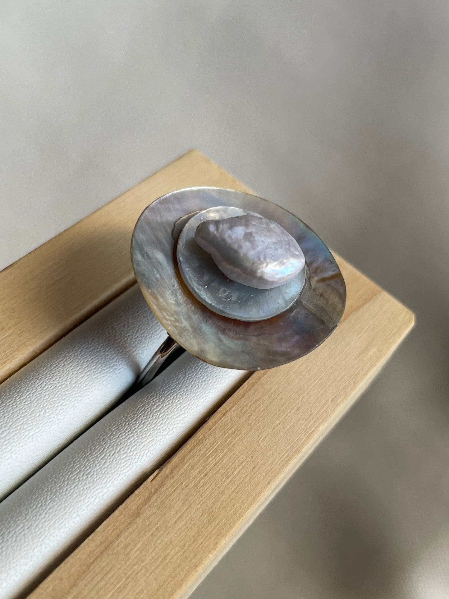 Opalescent Shell With Freshwater Pearl Ring