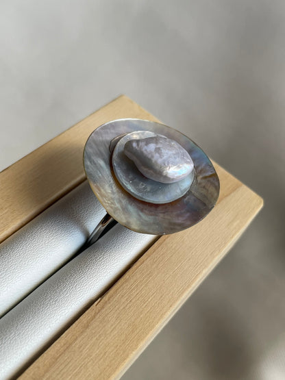 Opalescent Shell With Freshwater Pearl Ring
