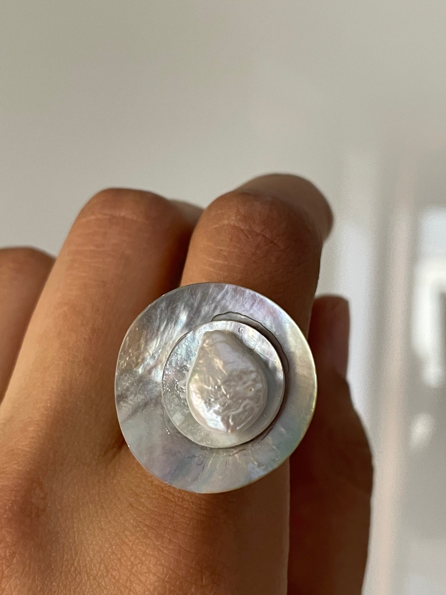 Opalescent Shell With Freshwater Pearl Ring