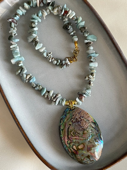 Large Abalone Shell with Larimar chip necklace