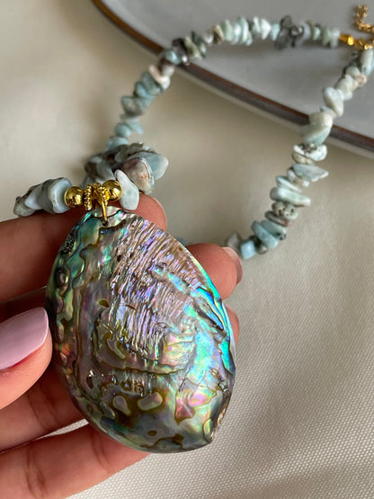 Large Abalone Shell with Larimar chip necklace