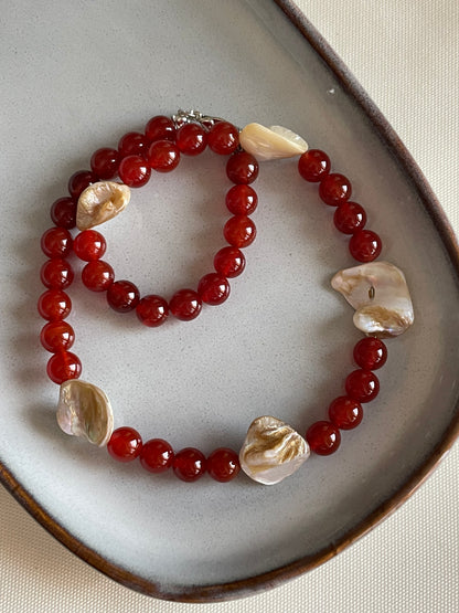 Mother of Pearl Shell with Red Carnelian Beaded Necklace
