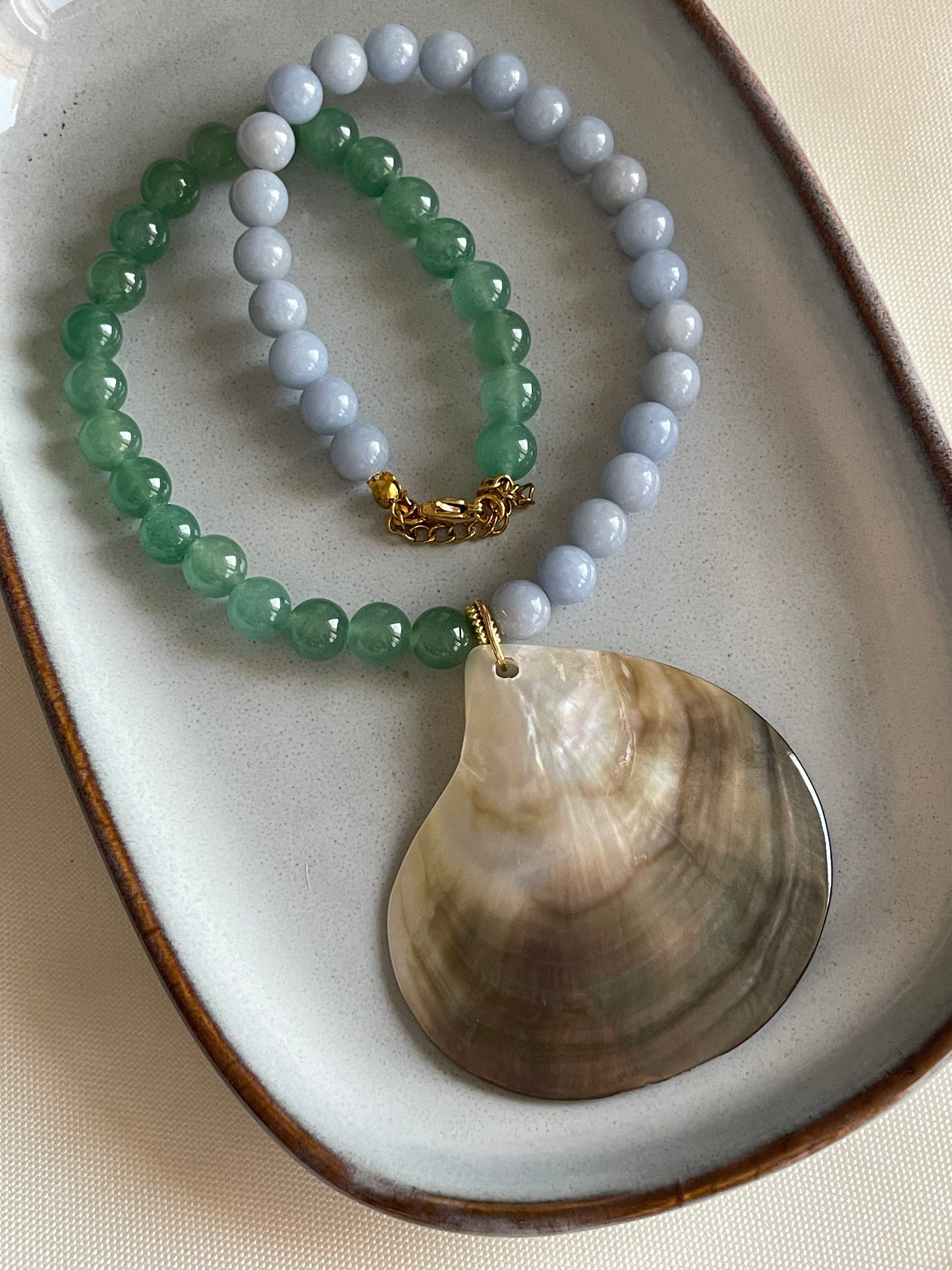 Mother of Pearl Shell with Green aventurine & Blue Angelite Beaded Necklace