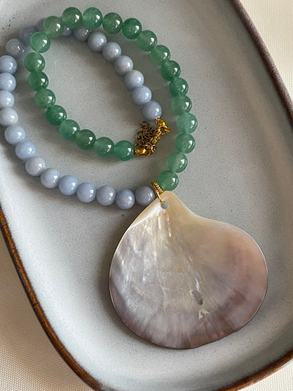 Mother of Pearl Shell with Green aventurine & Blue Angelite Beaded Necklace