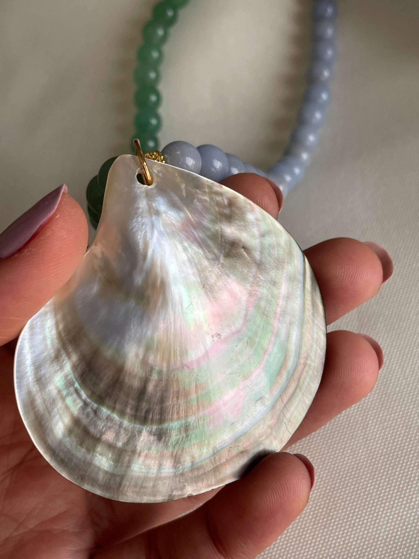 Mother of Pearl Shell with Green aventurine & Blue Angelite Beaded Necklace