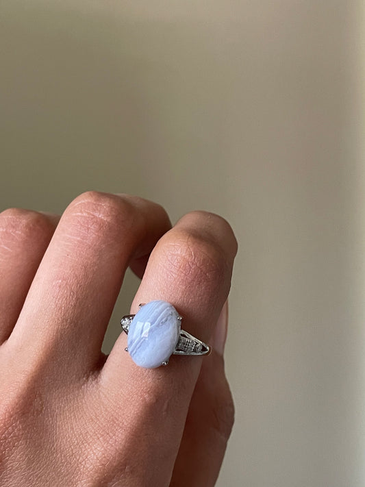 S925 Blue Lace Agate | Adjustable  | عقيق الدانتيل الازرق