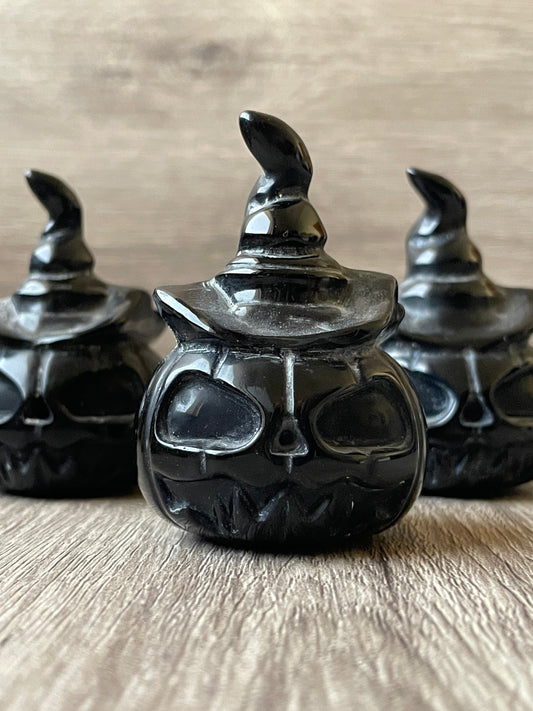 Black Obsidian Halloween Pumpkin Heads With Hat