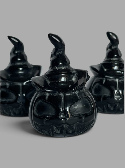 Black Obsidian Halloween Pumpkin Heads With Hat