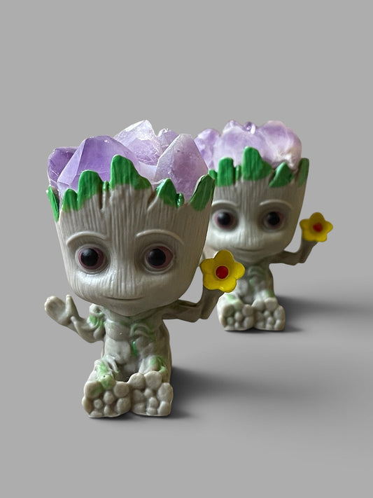Baby Groot with Amethyst Cluster Head