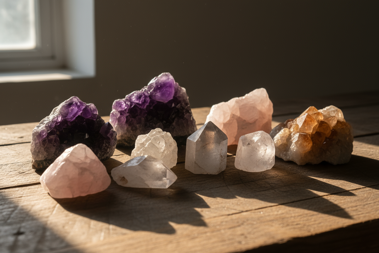 raw crystals in the table with their shadow