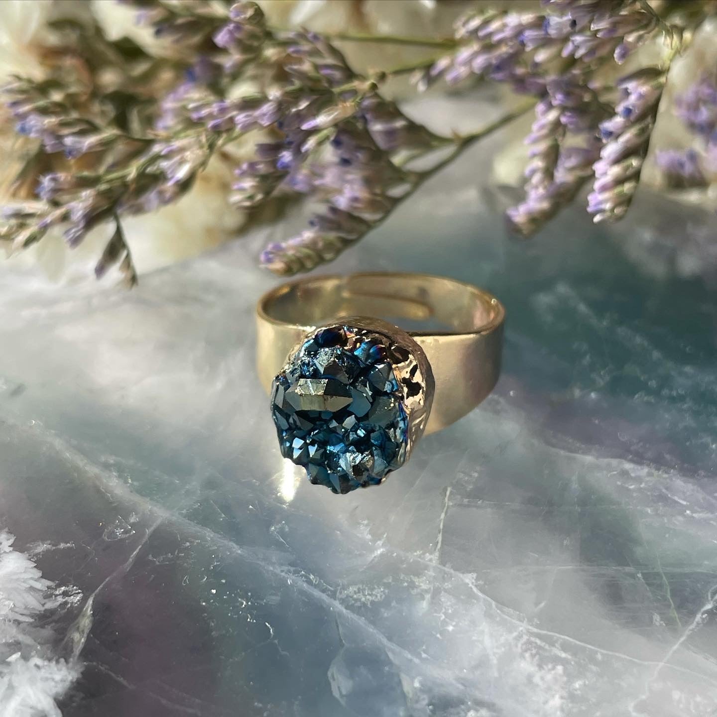 Raw Titanium Aura Quartz Ring Gold Plated | Adjustable | تيتانيوم أورا كوارتز