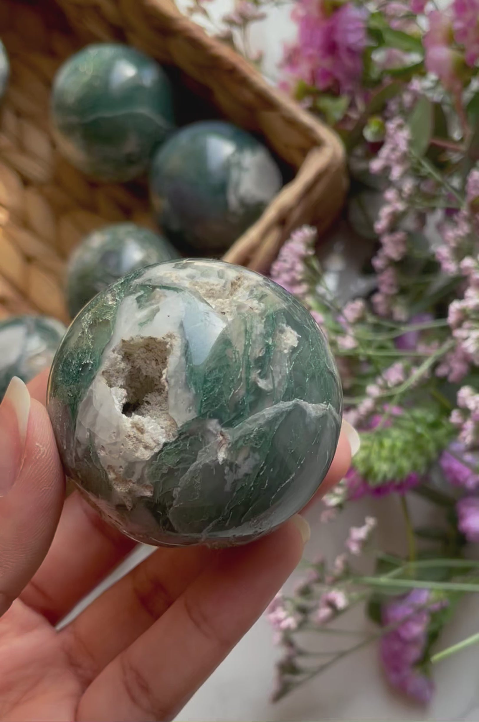 Druzy Moss Agate Spheres | عقيق الطحلب