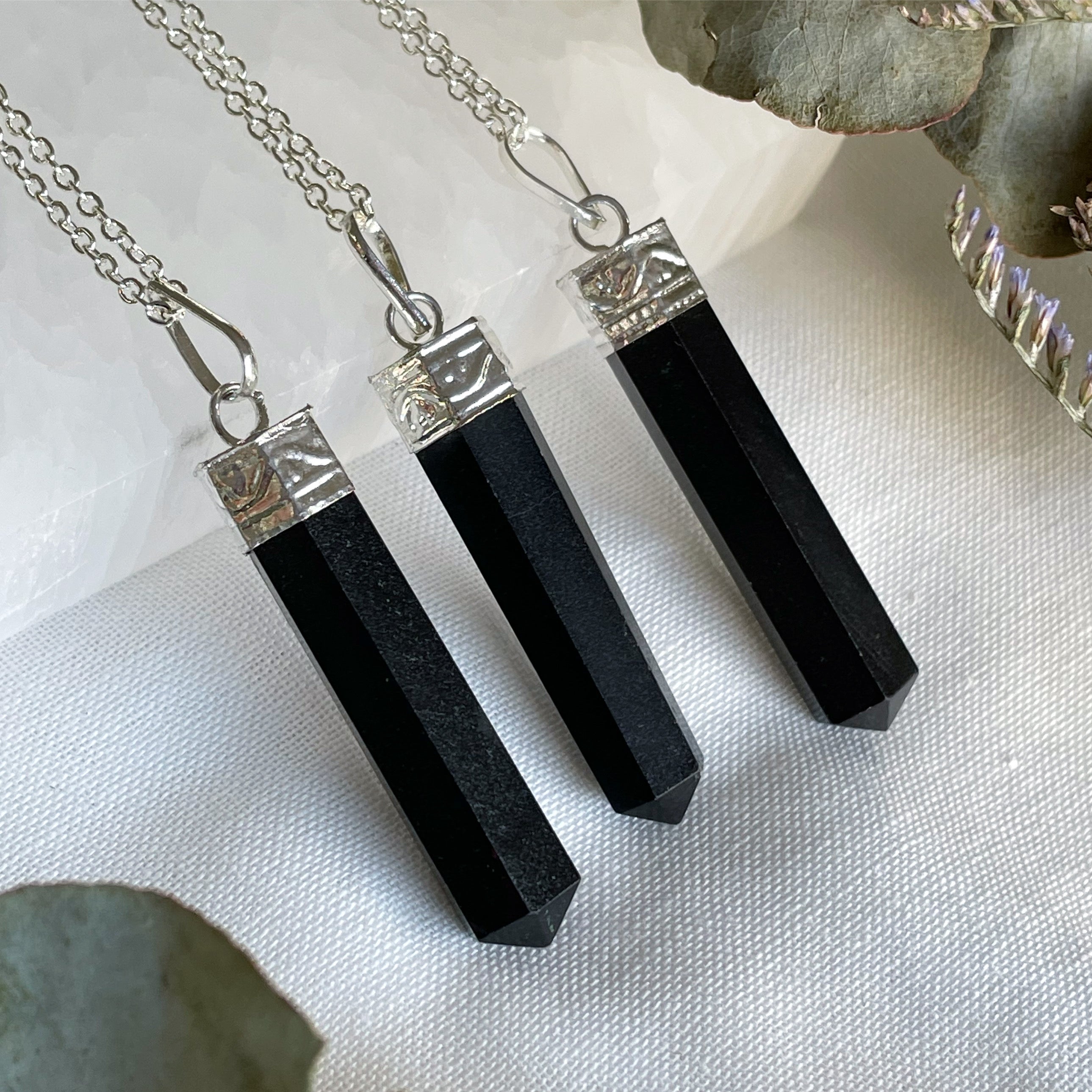 Black Tourmaline Point Necklace Sterling Silver Plated  التورمالين الاسود