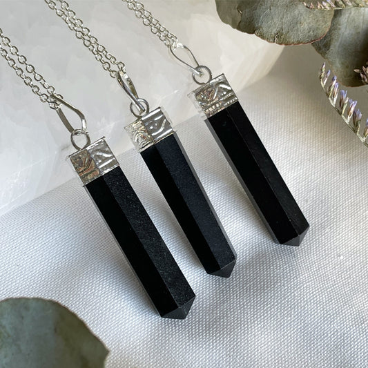 Black Tourmaline Point Necklace Sterling Silver Plated  التورمالين الاسود