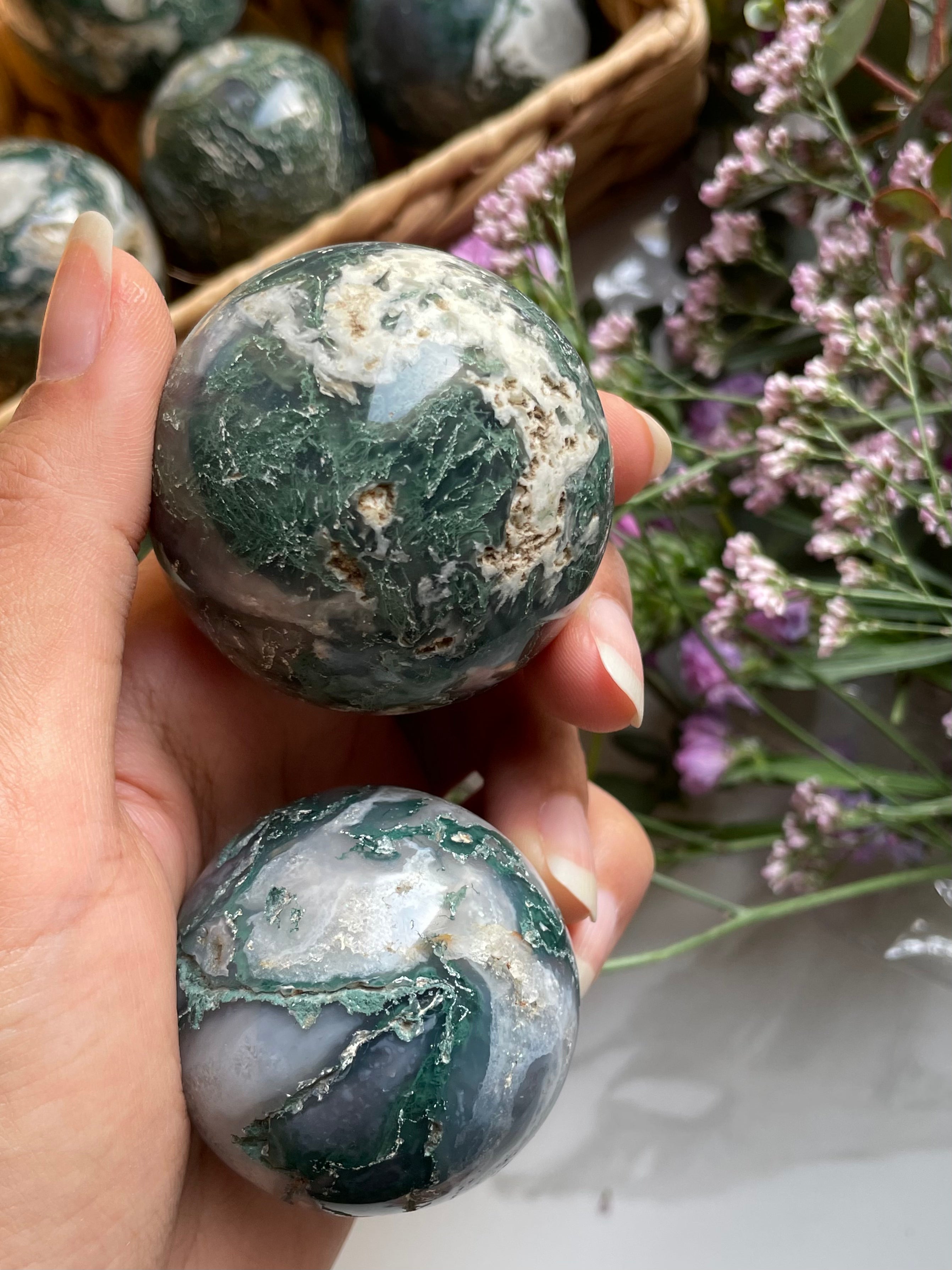 Druzy Moss Agate Spheres | عقيق الطحلب